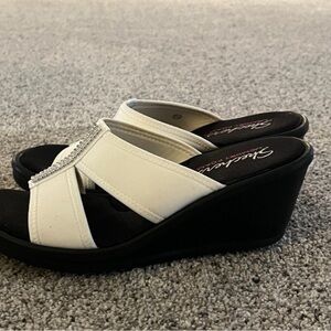 Skechers White and Black Wedge Slide Sandals with Rhinestone Trim